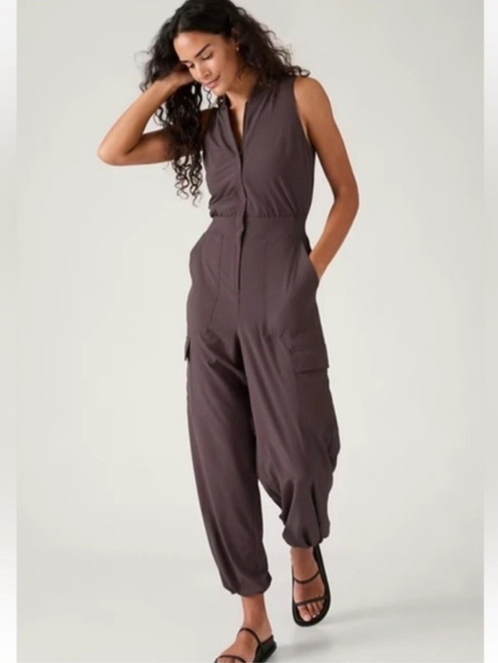 Athleta Brooklyn Utility Cargo Sleeveless Grey Jumpsuit